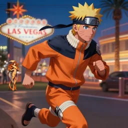 Naruto Uzumaki running in Las Vegas strip, sigma male, accurately portrayed, portrait art by alphonse mucha and greg rutkowski, highly detailed, digital painting, concept art, illustration, dim lighting with twilight rays of sunlight, trending on artstation, very detailed, smooth, sharp focus, octane render, close up