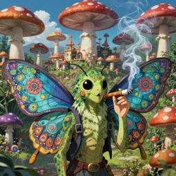 8K centered headshot Portrait of a psychedelic godlike mothman posing with a cigar with giant mandala wings smoking a hand-rolled cigarette smoking heavily , magic mushroom village in background , post-processing , award winning. superb resolution. in the art style of Satoshi Kon and Greg Rutkowski , Detailed Mushroom city in background , Hyper realistic anime , Perfect art , Dalle2