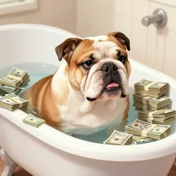 english bulldog in bathtub with stacks of bills, artstation