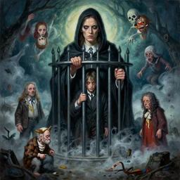 a hyperrealistic painting of a haunted heaven with spooky gosh abducted by portugal and jail, random cal, cinematic horror by agatha christie, chris christie, richard scarry, highly detailed, vivid color, painting, part by adrian ghenie and george clooney, smart by takato yamamoto, crapola