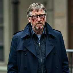 blood ugly bill gates as a rough dirty old man with a scruffy beard in a dark blue trenchcoat as the new doctor who, cinematic, volumetric lighting, f 8 aperture, cinematic eastman 5 3 8 4 film, photorealistic