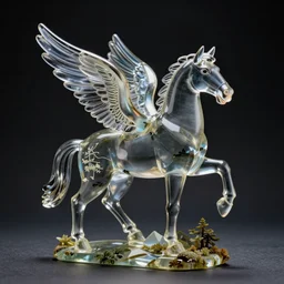 a glass statue of a horse with wings, studio photography, detailed, in focus