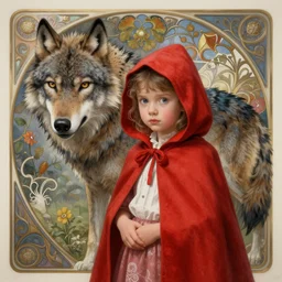 Portrait of Little Red Riding Hood with a wolf, intricate, wild, highly detailed, digital painting, artstation, 8k, concept art, smooth, sharp focus, illustration, art by artgerm and greg rutkowski and alphonse mucha