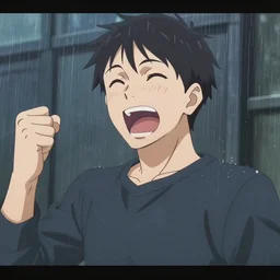 a screen capture from an anime of a man, extremely excited about raining candy