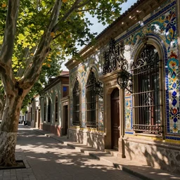 tree-lined street in a very old very beautiful city by Thomas Seddon and Nicholas Roerich, ornate wrought iron, strong dramatic cinematic lighting , colorful tiled architecture, lost civilizations, smooth, sharp focus, extremely detailed