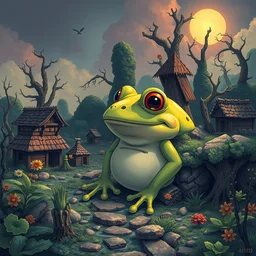 akihito tsukushi high resolution 4 k made in abyss design fat cute pepe's swamp village design body a field of cool colors shading a yellow pepe the frog with a large nose, paradise, meat butchery, pogrom, war, desolation desolation, art in the style of and oleg vdovenko and akihito tsukushi