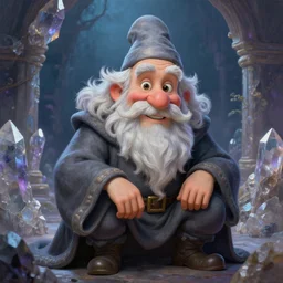 beautiful lifelike studio close - up painting of a cartoon!!! kind!!!! old bearded wizard crouching, smiling at the camera. inside mystical crystal and quartz building. perfectly shaded cinematic lighting, very very coherent, trending on artstation, greg rutkowski, hyper detailed, 4 k, high quality, smooth, sharp focus