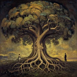 hyper - terrestrial entity depicted as a massive, world - sized tree of life, with branches and roots that extend into other dimensions by frederick lord leighton and james paick, style of moulin rouge!