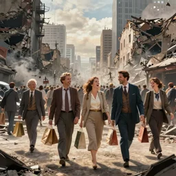 modern city destroyed by war in ruins with rich people walking around with shopping bags laughing and having fun, color photograph
