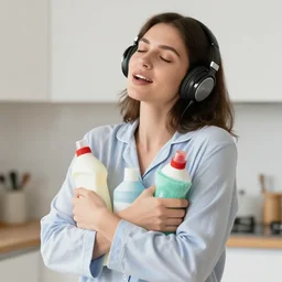 woman on pyjamas singing with headphones on, eyes closed, and hugging cleaning products, high detail, shallow depth, kitchen background