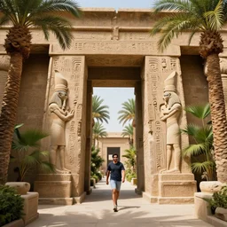 stream running between massive ornately carved ancient egyptian temple doorway, cartouche, lush palms, magical atmosphere, by renato muccillo and andreas rocha, trending on artstation