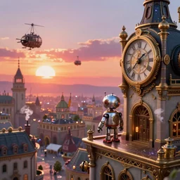 a small cute steampunk robot standing on top of a building ledge overlooking a large renaissance steampunk city with a big midground building with a large steampunk clock on the right side, tiny smokes from buildings, some glints and specs, steampunk aerial ships flying in the distance, very backlit, colorful sunset, by Eddie Mendoza, raphael lacoste, Andree Wallin, cinematic lighting, 8k, very detailed, ornate, beautiful composition