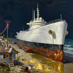 painting by dean cornwell, ilya repin, nc wyeth painting, ultra wide, vanishing point, 3 d perspective, colossal beached nuclear submarine skeleton, white machinery, giant shoe, nasa, liquid gold, gold leaf, up close, beaching, rust, midnight, junk town, makeshift house, colorful lightbulb festoon lights, telephone pole