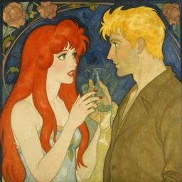 a woman with red hair talking to a man with blonde hair, art by david aja and alphonse mucha