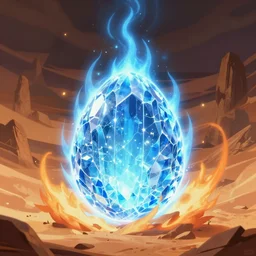 sharp icy crystall as a magical egg emit a tall blue energy flame, hot desert around, peter morbacher style, greg rutkowski