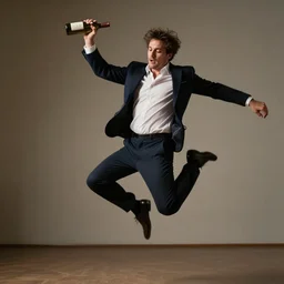 an elgant detailed portrait of a man boisterously dancing around the room by himself holding an empty wine bottle as he jumps in the air, striking artistic concept, detailed facial expression, fine detail, dramatic lighting, award-winning photo UHD, 4K