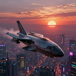 Flying spaceships over a cyberpunk city at sunset by angrymikko, neon lights, Impressionism, Romanticism, hyper detailed, concept art, artstation