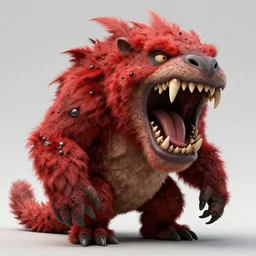 concept art of a hyper realistic monster with a lot of small fluffy details with red feathers and huge teeth by marcus whinney and raf grassetti, creature design, trending on artstation, featured on cgsociety, realistic, octane render, 8 k, hd, realistic lighting