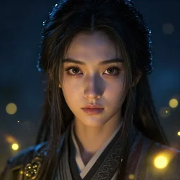 a goddess of the night surrounded by fireflies, final fantasy, cushart krenz, very detailed, realistic face, detailed face, matte, tonemapping, perfection, 4 k,
