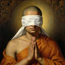 highly detailed potrait of blind folded by cloth srilankan cunning buddhist monk praying in baroque style, painting by gaston bussiere, craig mullins, j. c. leyendecker, lights, art by ernst haeckel, john william godward, hammershøi,