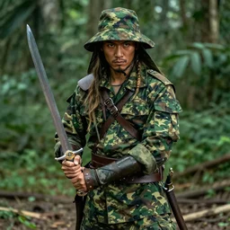 a warrior, dressed in jungle camouflage, holding a sword, 4 k uhd