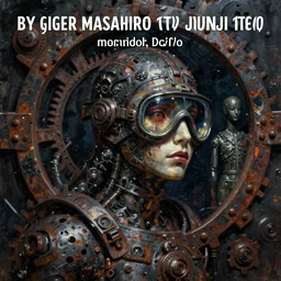 an album cover, dark, gothic, cyber, fantasy, rust, metal, rivets, cogwheel, human, creature, mannequin, scuba mask, by giger, masahiro ito, junji ito, rough oil paint, underpainting, highlights