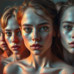 multiple people, looking at camera, made of porcellaine, golden tears, dramatic lighting, red blue pastel color palette, thick paint texture, loose strokes, merging in background