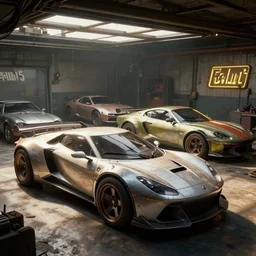 fallout 5, futuristic cars in garage, atmospheric lighting, painted, intricate, volumetric lighting, beautiful, daytime, sunny weather, slight overcast, sharp focus, deep colours, ultra detailed, by leesha hannigan, ross tran, thierry doizon, kai carpenter, ignacio fernandez rios