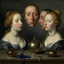 the weirdest image ever disturbing colorful oil painting dutch golden age vanitas still life with bizarre recursive humanoid faces strange beautiful curvy women metal objects shiny gooey surfaces shiny metal bizarre insects rachel ruysch dali todd schorr very detailed perfect composition rule of thirds masterpiece canon 5 0 mm, cinematic lighting, chiaroscuro