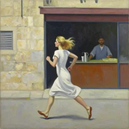 blond lady running through israel, salsa vendor, oil on canvas by edward hopper