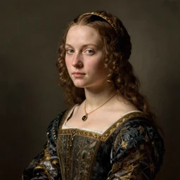 portrait of young woman in medieval dress, art by jan van eyck,