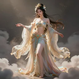 a beautiful female goddess of the old times character, character is in all its glory, character is in her natural relaxed pose, full body shot, rim lights, particles and dust in the air, fancy clouds, highly detailed professional photo, dynamic lights, particles are flying, depth of field, trending on artstation, professional illustration, hyper realistic, vray caustics, super detailed, colorful accents, cinematic shot