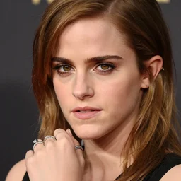 A photo of tough looking emma watson. she has rings on his fingers. 50 mm. perfect ring.