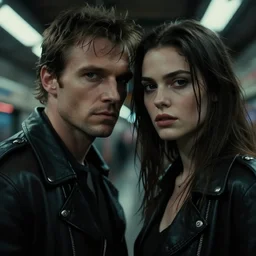 film still of closeup beautiful model couple in blade runner 2 0 4 9, train station, cinematic, moody, gritty neon noir by emmanuel lubezki