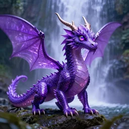 brightly lit fairy dragon in a waterfall purple big fruit flies eyes 4 k raytracing high detailed artstation realistic trending dramatic lighting