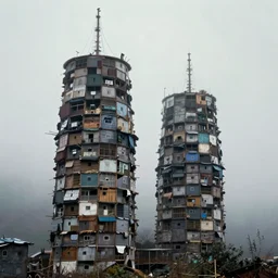 two round towers, made up of makeshift squatter shacks, misty, dystopia, mamiya rb 6 7, fully frontal view, very detailed, photographed by ansel adams