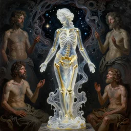 Beautiful full-body wax sculpture of glowing transparent woman with visible gold bones covered with melted white wax inside the singularity where stars becoming baroque folds of dark matter by Michelangelo da Caravaggio, Nicola Samori, William Blake, Alex Grey and Beksinski, dramatic volumetric lighting, highly detailed oil painting, 8k, masterpiece