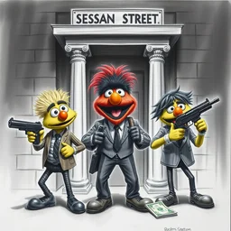 bank heist by sesame street characters, violent, artstation, digital art, guns, ask for money, charcoal drawing