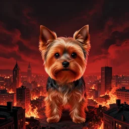 post - minimalism portrait of a giant yorkshire terrier in front of burning city, bird's eye view, black and red clouds, vibrant red black color scheme, highly detailed, in the style of romanticism, cinematic, artstation, moebius, greg rutkowski