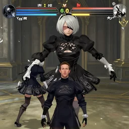 screenshot of mark zuckerberg as a nier automata boss. boss fight scene