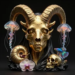 black background. goddess princess face close-up portrait ram skull. sculpture made of polished gold and matte black stone and glass. jellyfish phoenix head, nautilus, orchid, skull, betta fish, bioluminiscent creatures, intricate artwork by Tooth Wu and wlop and beeple. octane render, trending on artstation, greg rutkowski very coherent symmetrical artwork. cinematic, hyper realism, high detail, octane render, 8k