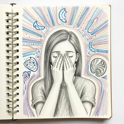 psychedelic pencil sketches about social anxiety on a notebook