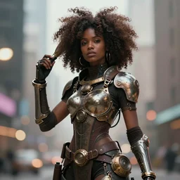 beautiful steampunk african girl with a large afro holding. smart pose, tight futuristic armor, artgerm, trending on artstation, character concept art, bokeh