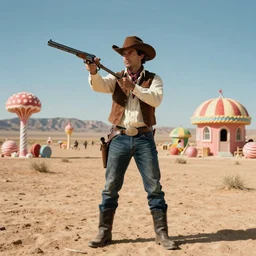 cowboy gunslinger in a realistic candyland desert landscape, national geographic, canon 5 0 mm, cinematic lighting, photography, retro, film, kodachrome