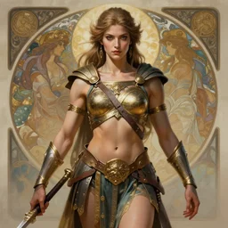 goddess of war, accurate anatomy, IFBB fitness body, only two hands, highly detailed, digital painting, artstation, concept art, smooth, sharp focus, illustration, Unreal Engine 5, 8K, art by artgerm and greg rutkowski and alphonse Mucha