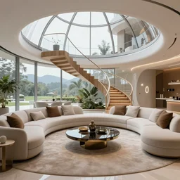 A futuristic living room with a curved wooden staircase in the back in a glass dome, U-shape sofa and a luxurious table in the center, professional interior design photograph, wide angle photograph, 8k resolution, hyper detailed