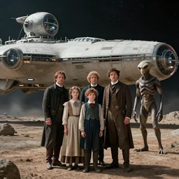 sharp, detailed, 256k film still from a sci fi blockbuster color movie made in 2020, set in 1860, of a family standing in front of a spaceship that has just landed on an alien planet, a humanoid alien creature stands nearby, the family are all wearing 1860s era clothes, cinematic lighting, good photography, sharp focus, in color