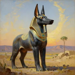 beautiful landscape oil painting, of ancient egypt giant satue of anubis, art by anders zorn, wonderful masterpiece by greg rutkowski, beautiful cinematic light, thomas lawrence, greg rutkowski