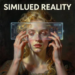 surrealism album cover of a human hacking a simulated reality,