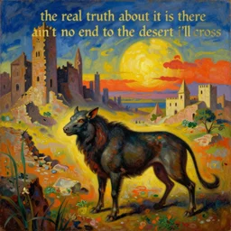 bright dramatic lighting colorful surrealist symbolist oil painting titled'the real truth about it is there ain't no end to the desert i'll cross ', magical realism symbolist, ruined city landscape with hybrid animal protagonist, painted by arnold bocklin and odilon redon and max ernst, shocking detail trending on artstation 8 k